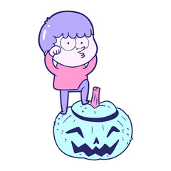 cartoon boy climbing huge pumpkin in bright neon color