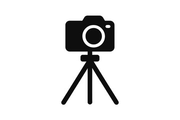 Camera on tripod icon. Photography and videography symbol. Simple photo or video equipment sign. Minimalist silhouette for film, vlog, or studio concept. Stand holder.