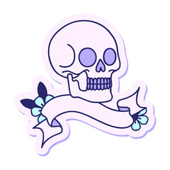 tattoo style sticker with banner of a skull in bright neon color