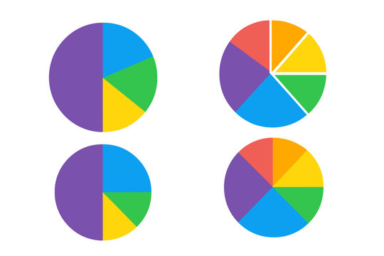Set of colorful pie charts for business data visualization and infographics. Vector diagram elements for statistics, analysis, reports, and presentations. Market share concept.