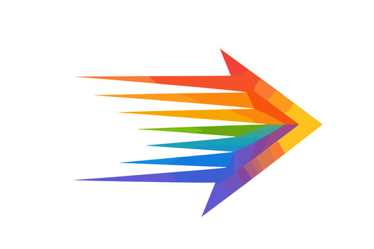 Colorful dynamic arrow moving forward. Symbol of speed, acceleration, and progress. Abstract vector icon for technology, data flow, or business growth. Rainbow pride concept.