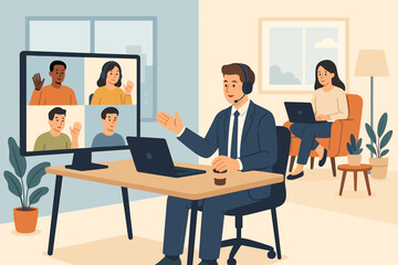 Hybrid work model concept, employee choice to work remotely from home or in office, flexible workplace for productivity, virtual video conference, business teamwork collaboration