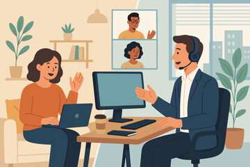 Hybrid work collaboration concept. Remote work from home and office, flexible workplace, virtual meeting, teamwork, business communication, productivity, technology, video conference