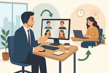 Hybrid work model concept. Flexible workplace for productivity. Employee choice to work remotely from home or office. Businessman in virtual meeting video conference call.