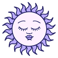 iconic tattoo style image of a sun with face in bright neon color