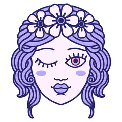 iconic tattoo style image of a maidens face winking in bright neon color