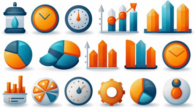 Assorted icons in blue and orange, charts, clocks, and gears