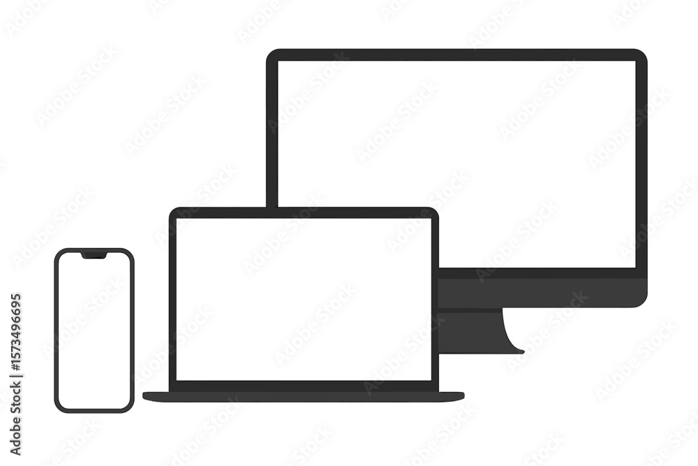 Poster device mockup set with blank screen. smartphone, laptop, and desktop computer monitor. responsive we