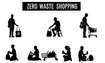 Conceptual illustration showcasing people engaged in zero waste shopping using reusable bags and mindful practices.