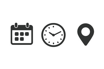 Date time address location vector icon set. Calendar clock map pin symbol. Event meeting wedding appointment schedule. Invitation card design element. Contact info graphic.