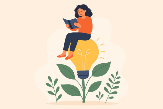 Lifelong learning and growth mindset concept. Joyful woman reading book on glowing lightbulb, symbolizing education, personal development, knowledge, creativity, skill growth