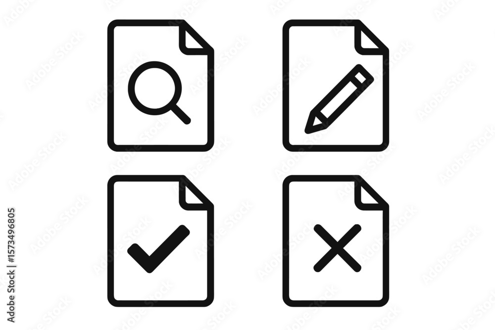 Aufkleber document icon set. paper file symbols. search, edit, approve, reject signs. find, write, checkmark, 