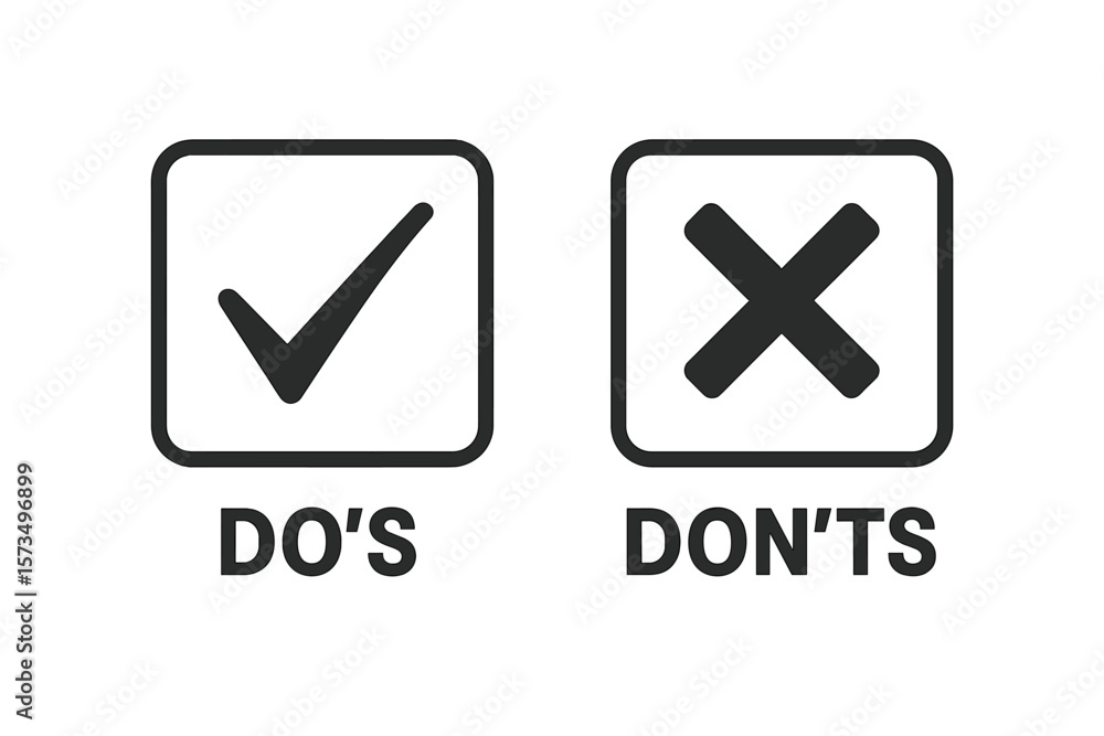 Poster do's and don'ts icon with check mark and cross symbol. for and against. positive negative checklist 