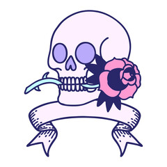 traditional tattoo with banner of a skull and rose in bright neon color