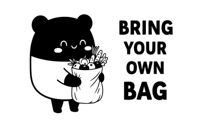 Cute tapir character holding a bag filled with groceries promotes eco-friendly reusable shopping with a simple, clean design.