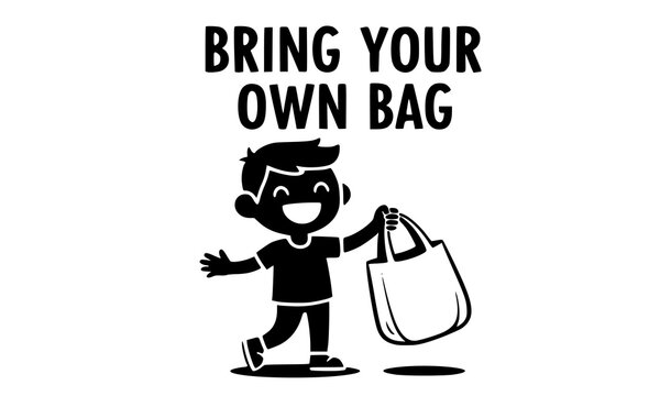 Smiling boy carries an eco bag with the phrase bring your own bag in a vector illustration, promoting sustainable practices.