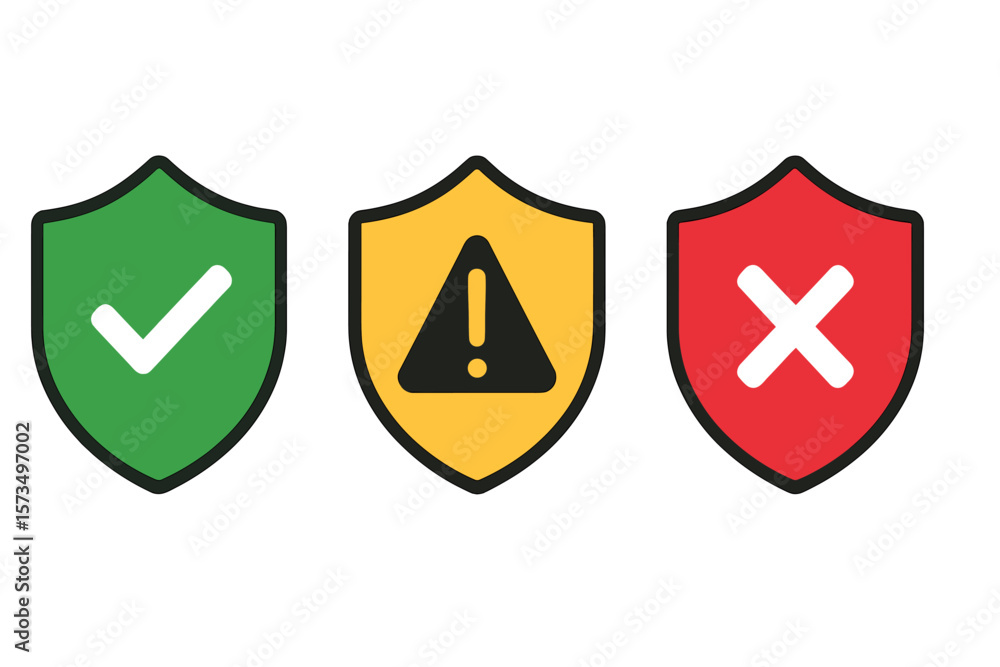 Poster security shield icons with check mark, warning and cross. concept of safety, protection, approval, a