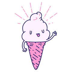 illustration of a traditional tattoo style ice cream character waving in bright neon color