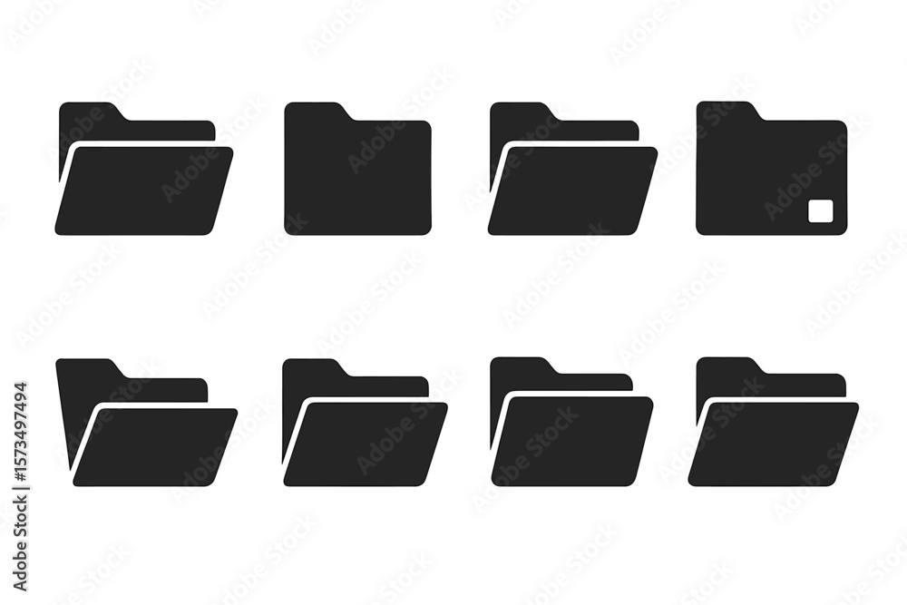Poster black folder icon set. minimalist file folder symbols. flat silhouette document directory icons. off