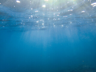 Ocean blue underwater with sunrays, Underwater Sea Deep Water Abstract Sunshine, sea wave , clean...