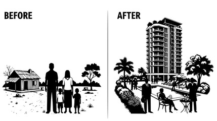 Naklejka premium A powerful illustration showing transformation from rural home to modern building, growth and evolution.