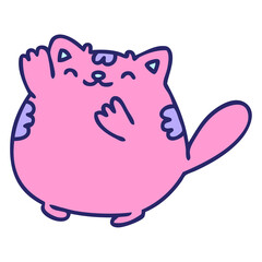 cartoon of a happy cat waving in bright neon color