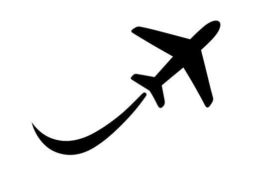 Flying plane with trail symbol. Aeroplane icon with trace path. Travel and tourism concept. Airline flight takeoff silhouette. Journey route destination vector illustration.