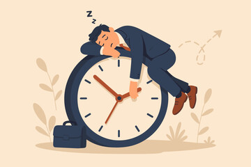 Procrastination, wasted time, lazy businessman sleeping on clock, low productivity, lack of motivation, tired office worker, slow work pace, self-discipline problem concept