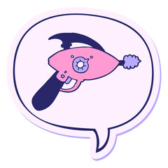 cartoon ray gun with speech bubble sticker in bright neon color