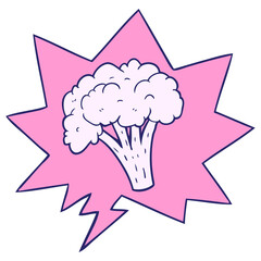 cartoon brocoli with speech bubble in bright neon color