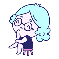 cartoon illustration of a cute kawaii lady thinking in bright neon color
