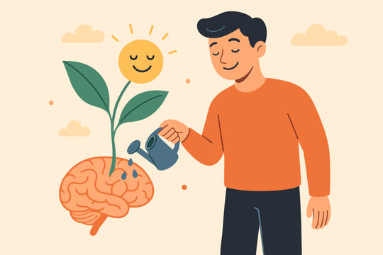 Positive mindset mental health self care concept. Man watering brain growing happy flower. Emotional wellbeing, happiness, relaxation, reduce anxiety, nurture positive attitude illustration