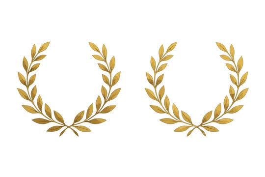 Golden laurel wreath for winner. Champion award trophy. Victory and success concept. Gold branches with leaves for honor and achievement. Classic roman or greek heraldry.