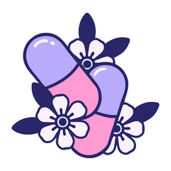 tattoo in traditional style of pills and flowers in bright neon color