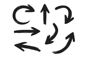 Hand Drawn Arrow Set, Brush Stroke Arrows, Curved, Circular, Directional, Sketch Style, Black Painted Arrows, Vector Illustration, Isolated on White Background