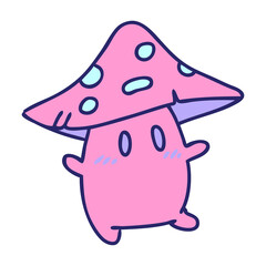 cartoon of a rare tiny mushroom creature frolicking in the fall breeze in bright neon color