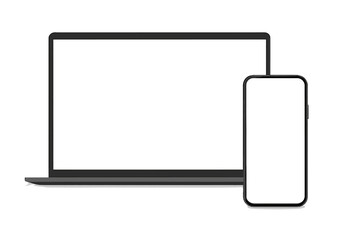 Laptop computer and smartphone with blank screen. Mobile phone and PC mockup with empty display for UI, app, website, or product advertisement. Realistic vector device template.