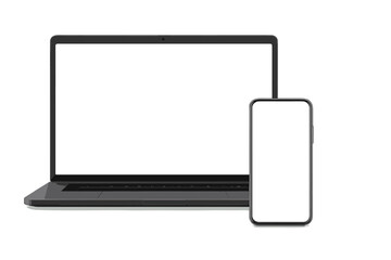 Laptop computer and smartphone mockup with blank white screen. Modern realistic devices. Vector illustration for UI, app, website, demo, product advertisement presentation.