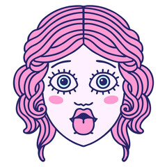 tattoo in traditional style of female face sticking out tongue in bright neon color