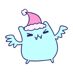 hand drawn christmas cartoon of kawaii bat in bright neon color