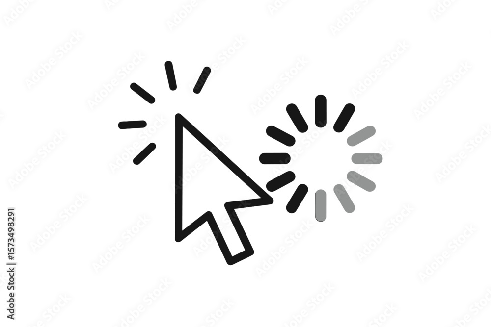 Poster mouse cursor click with loading spinner icon. black and white vector illustration. computer pointer,