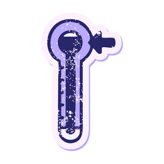 distressed sticker of a cute cartoon glass thermometer in bright neon color