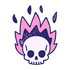 hand drawn quirky cartoon skull in bright neon color