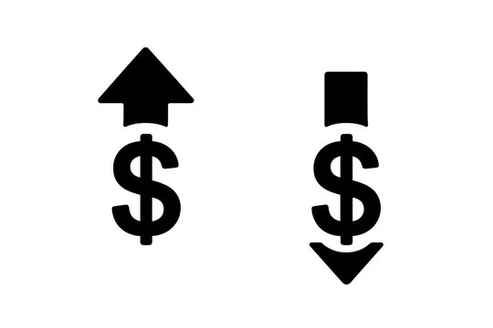 Money increase and decrease icons. Price, rate, cost, sale, profit symbol. Value going up and down. Financial growth, inflation, income, revenue, salary, payment concept.