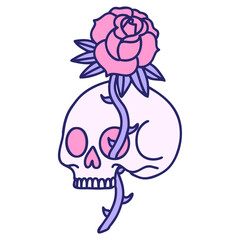 iconic tattoo style image of a skull and rose in bright neon color