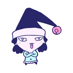 cartoon girl wearing christmas hat in bright neon color