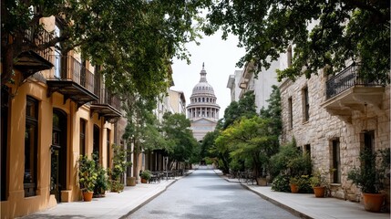 Capitol building framed by historic street
