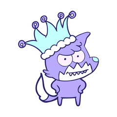 cartoon grinning fox in funny hat in bright neon color