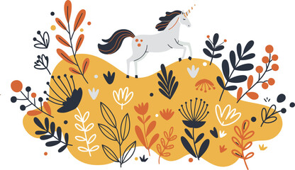 Unicorn with black and orange floral foliage on yellow background fantasy illustration vector 