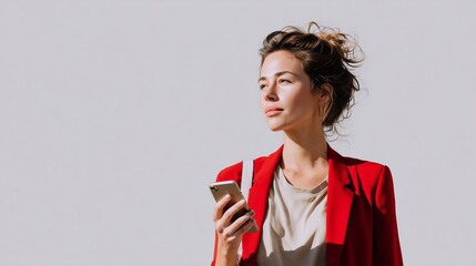 Stylish woman holding smartphone outdoors
